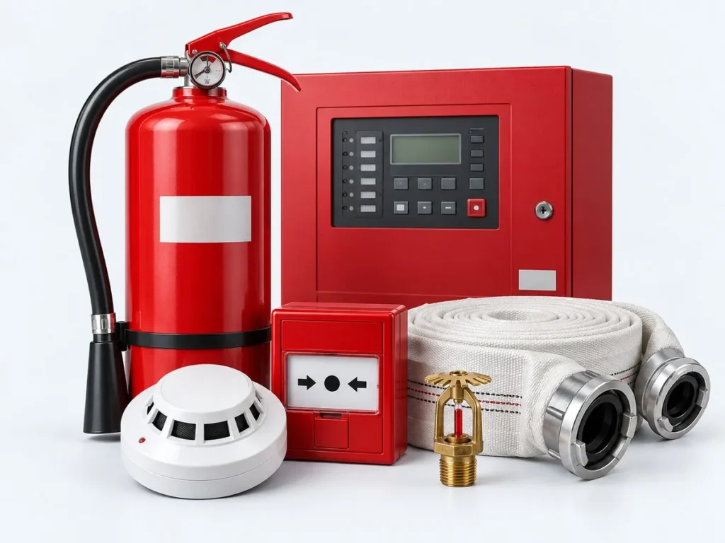 Fire safety equipment including a fire extinguisher, alarm panel, smoke detector and fire hose.